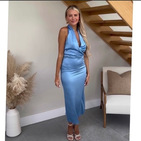 ZARA Bloggers favorite Halter blue Midi Dress Size XL - Picture 2 of 13